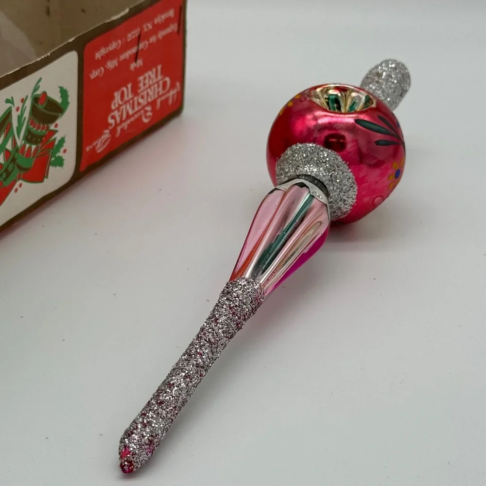 Vintage Commodore Glass Christmas Tree Topper Pink Triple Indent Romania  7220